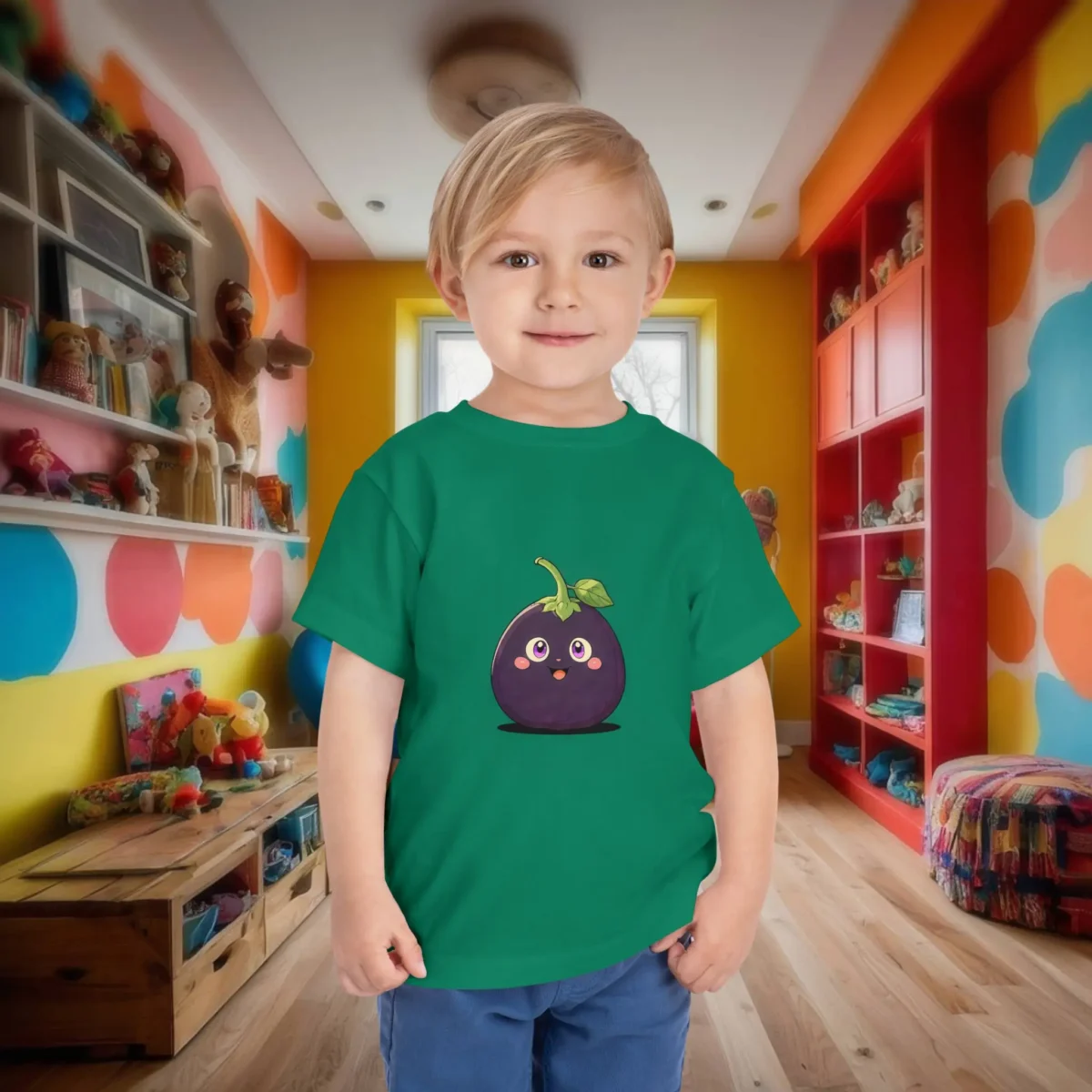 Toddler in green t-shirt with a happy round cartoon eggplant