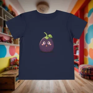 Flat lay of navy toddler t-shirt with a cute cartoon eggplant design