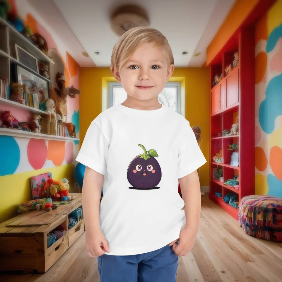 Toddler in a white t-shirt with a cute cartoon eggplant character