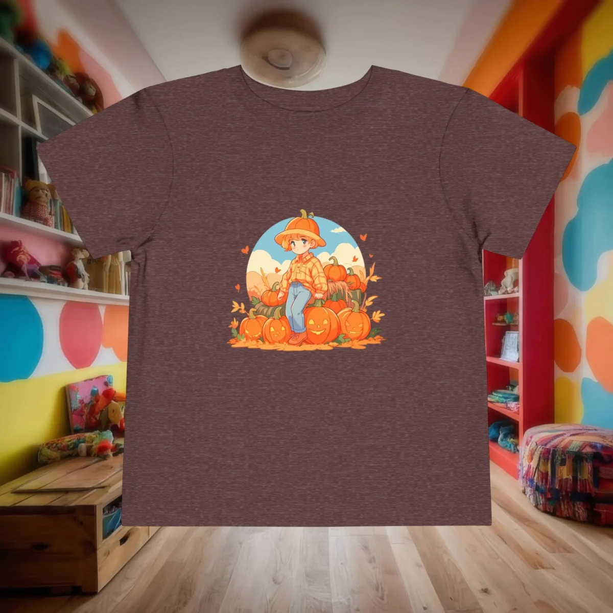 Flat lay of a brown toddler t-shirt with a fall pumpkin patch and scarecrow illustration