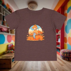 Flat lay of a brown toddler t-shirt with a fall pumpkin patch and scarecrow illustration