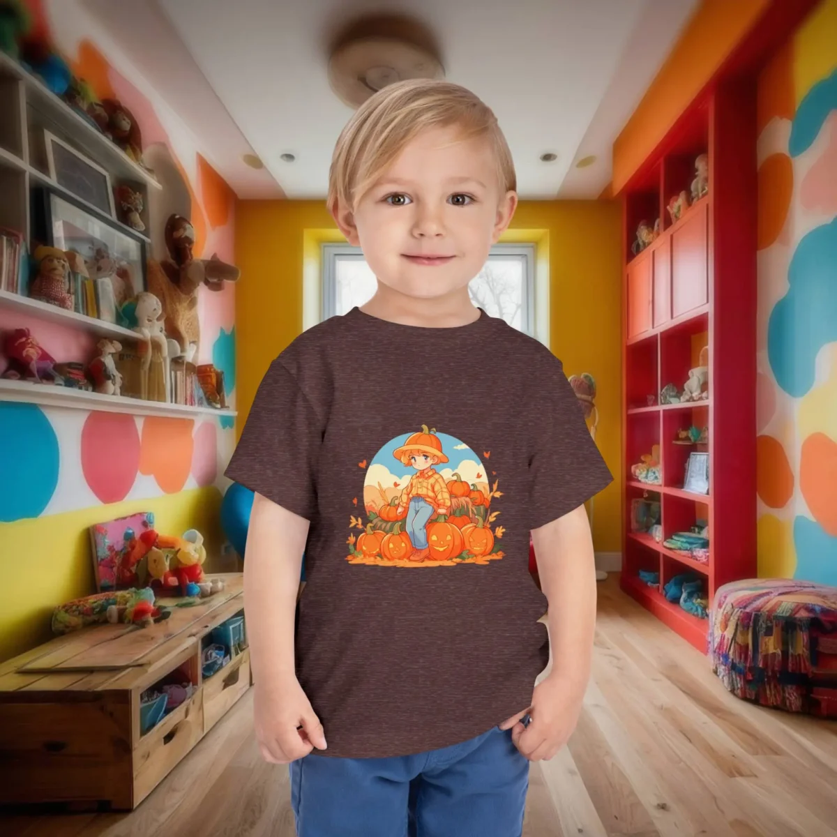 Young boy wearing a dark brown fall-themed toddler t-shirt with pumpkin and scarecrow illustration