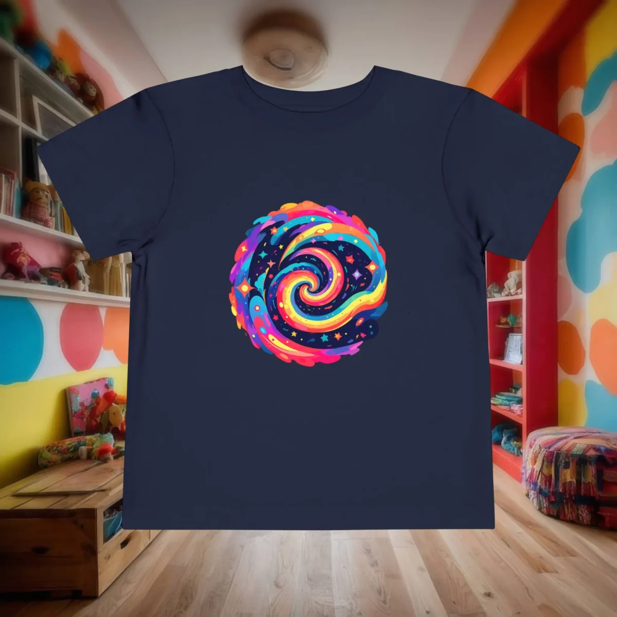 Flat lay of navy blue toddler t-shirt with rainbow galaxy swirl design