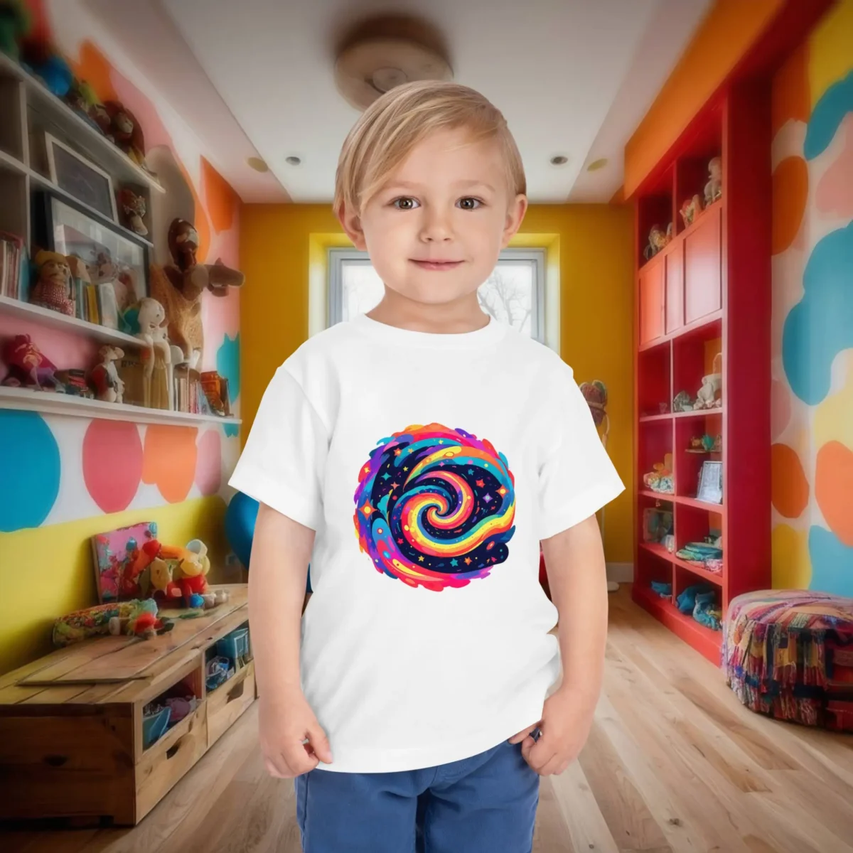 Toddler in a white t-shirt with a colorful galaxy swirl illustration