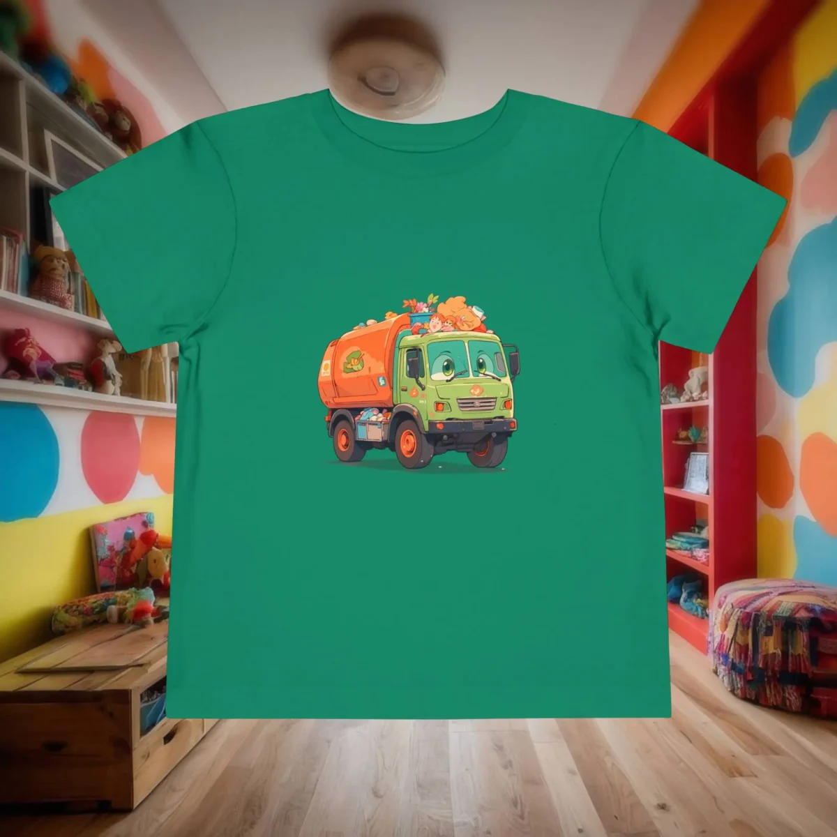 Flat lay of green toddler t-shirt with a cartoon garbage truck print