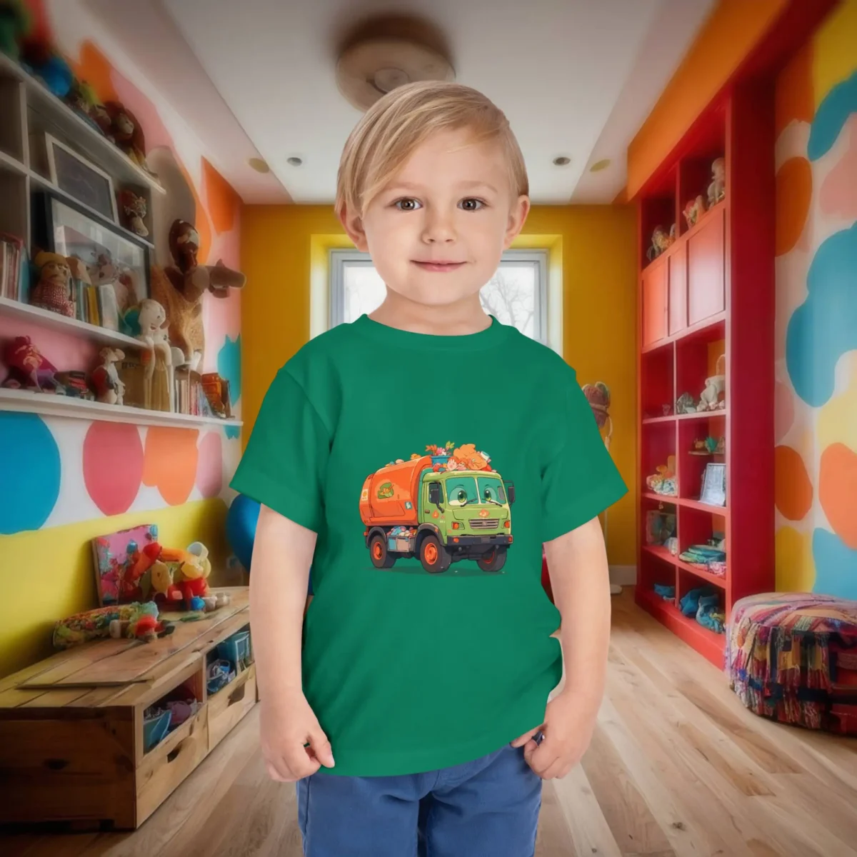 Toddler in a green t-shirt with animated garbage truck design