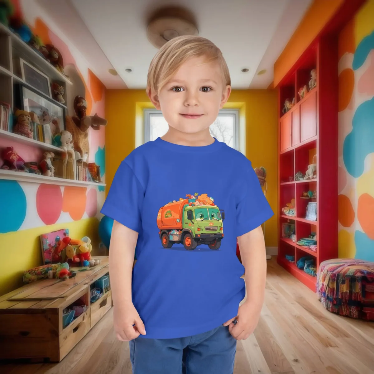 Toddler in a royal blue t-shirt with colorful garbage truck print