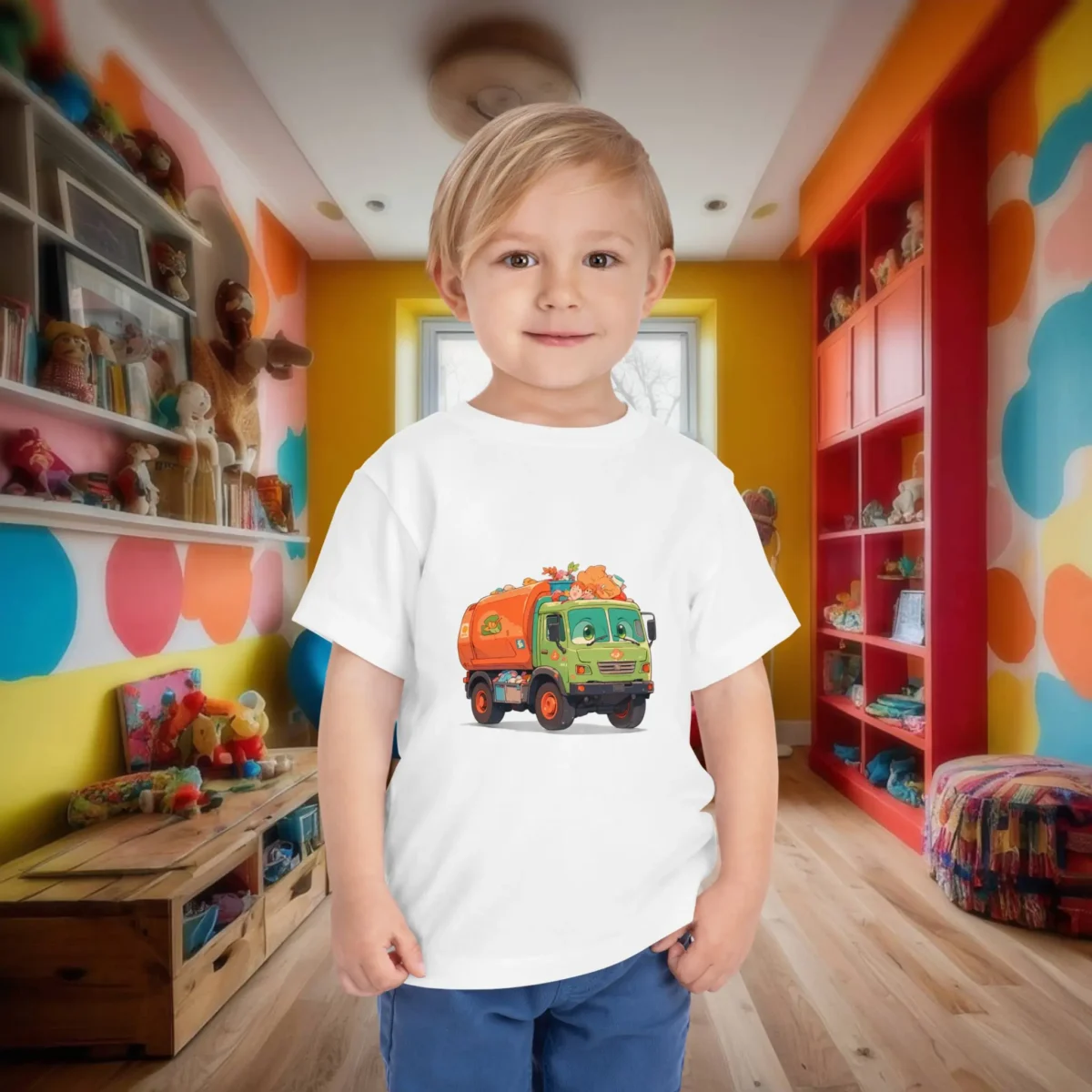 Toddler in a white t-shirt with a cartoon garbage truck design