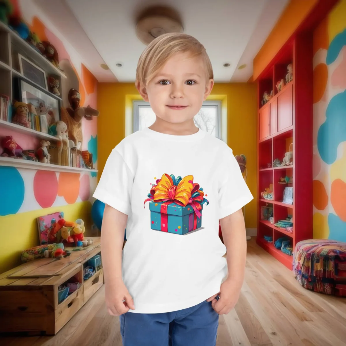 Toddler wearing a white t-shirt with a vibrant gift box design
