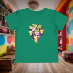 Flat lay of green toddler t-shirt with cute cartoon grape bunch design