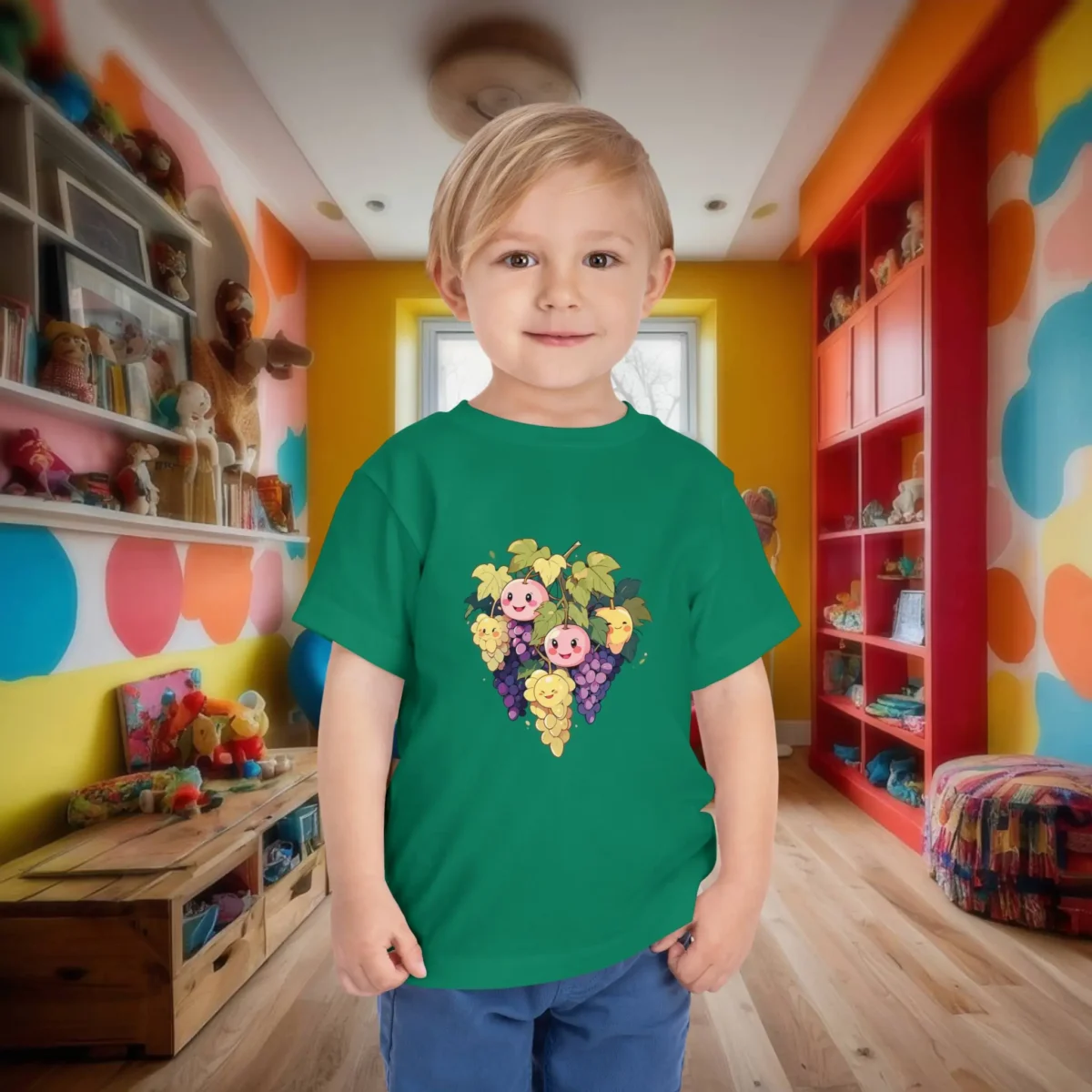 Toddler in a green t-shirt with a cartoon grapes design