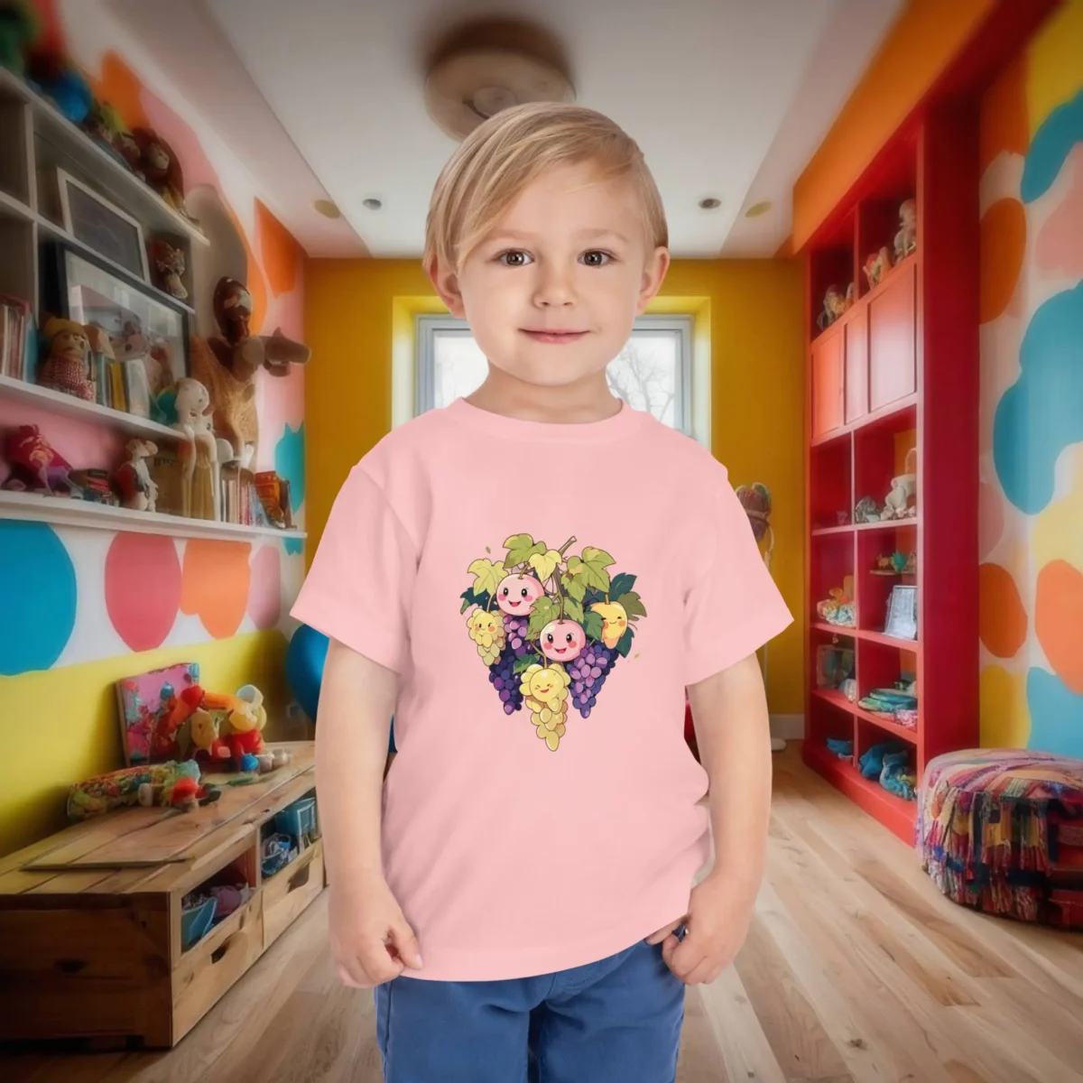 Toddler wearing a light pink t-shirt with smiling grapes design