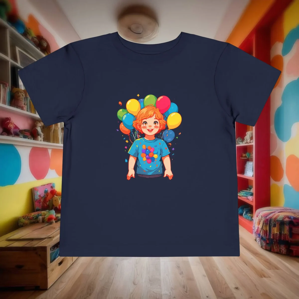 Flat lay of navy blue toddler t-shirt with illustration of child and colorful balloons