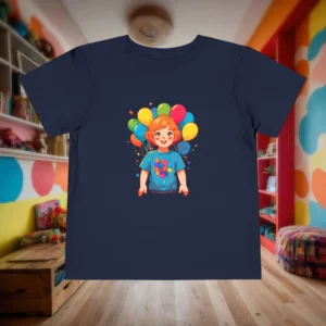 Flat lay of navy blue toddler t-shirt with illustration of child and colorful balloons