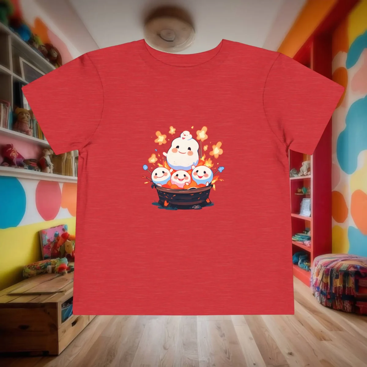Flat lay of red toddler t-shirt with cute bonfire marshmallows graphic