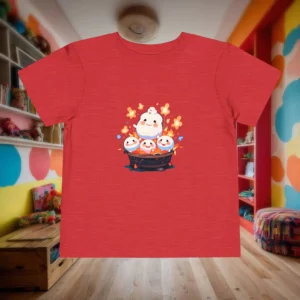 Flat lay of red toddler t-shirt with cute bonfire marshmallows graphic