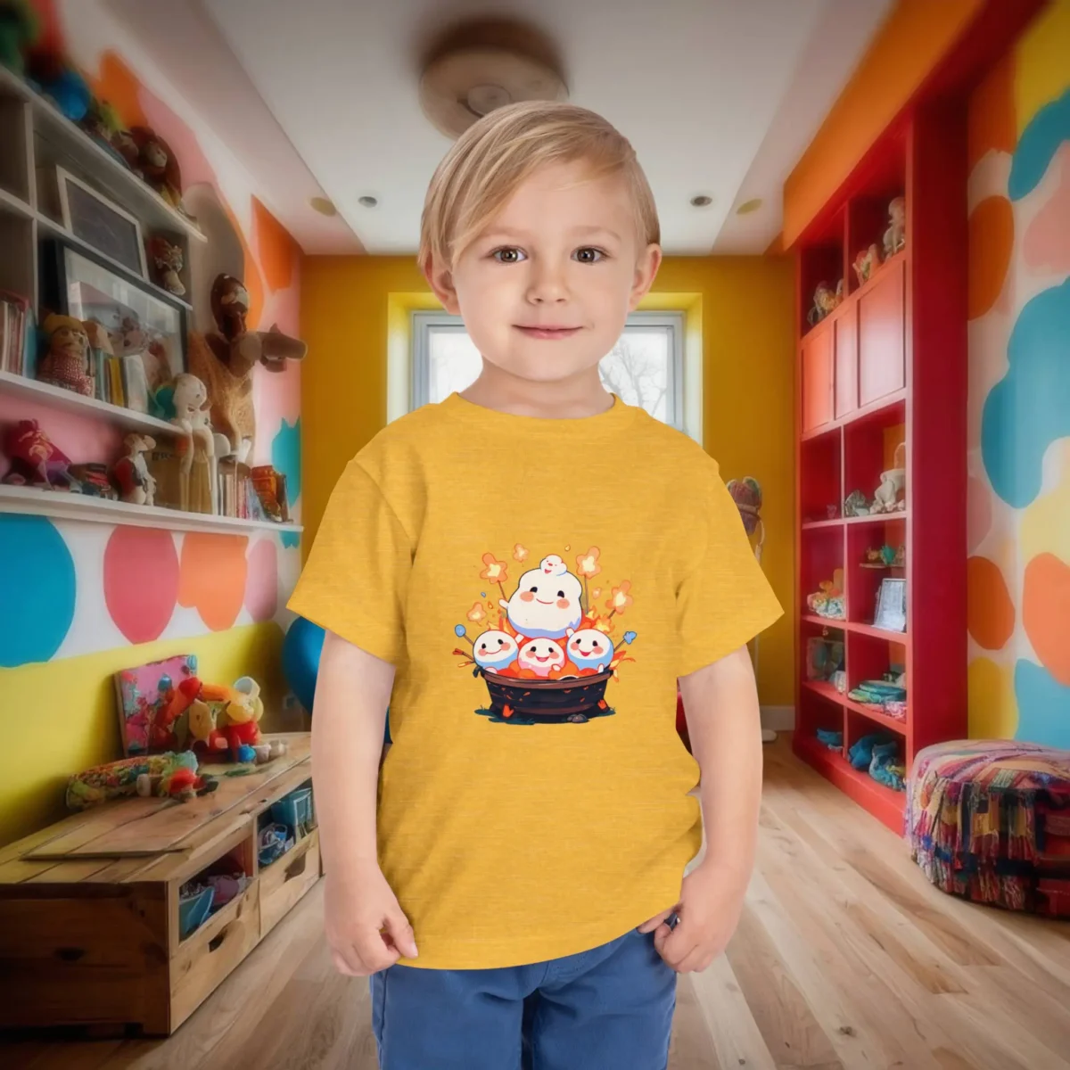 Toddler in a heather yellow t-shirt with cute marshmallow bonfire illustration