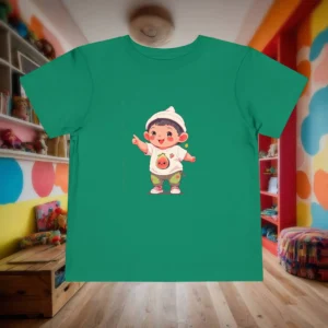 Flat lay of green toddler t-shirt with cartoon child and fig graphic