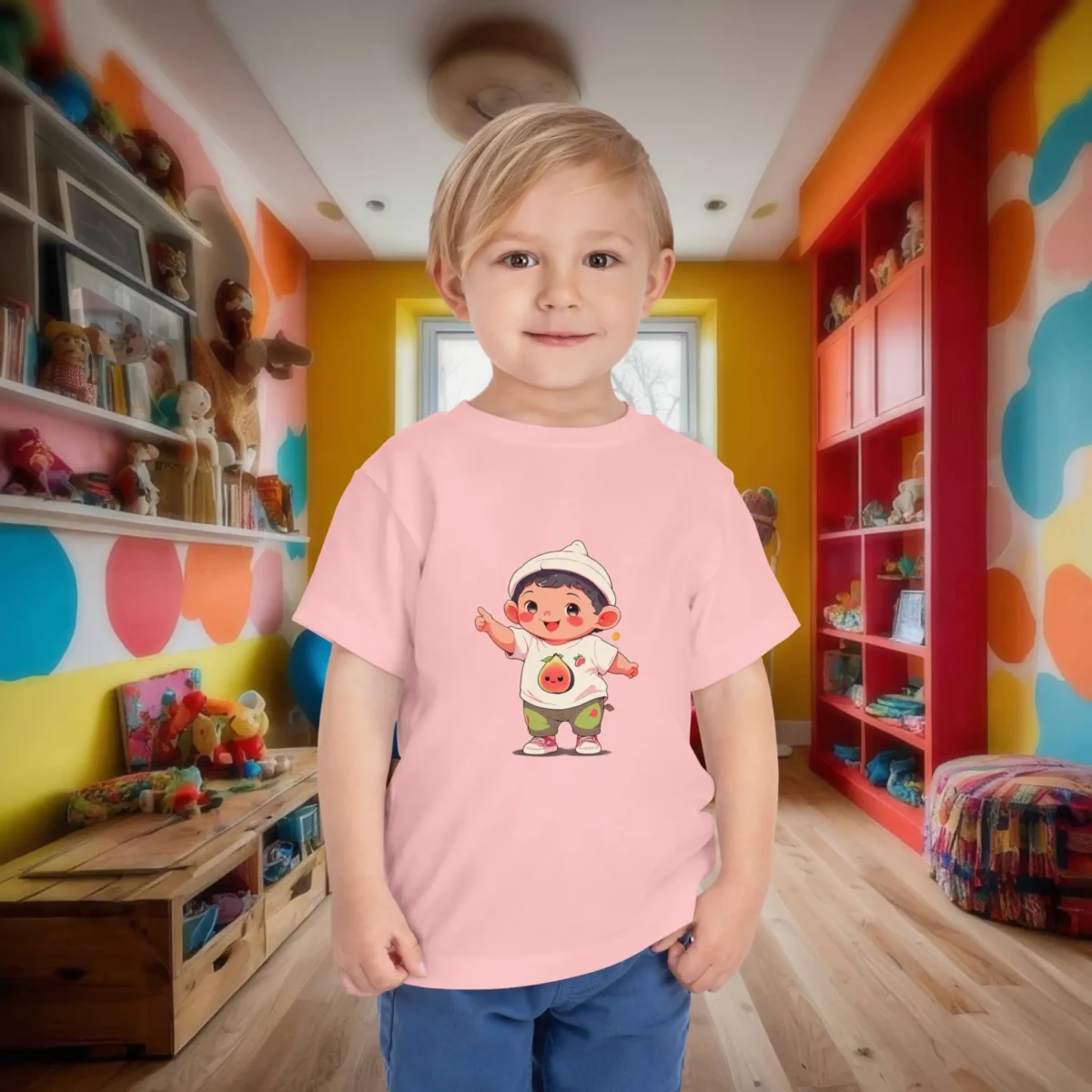 Toddler in a light pink t-shirt with happy cartoon character in fig clothes