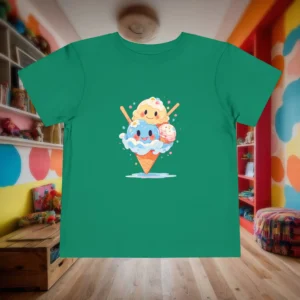 Green toddler t-shirt with ice cream graphic design displayed flat in a kid’s room.