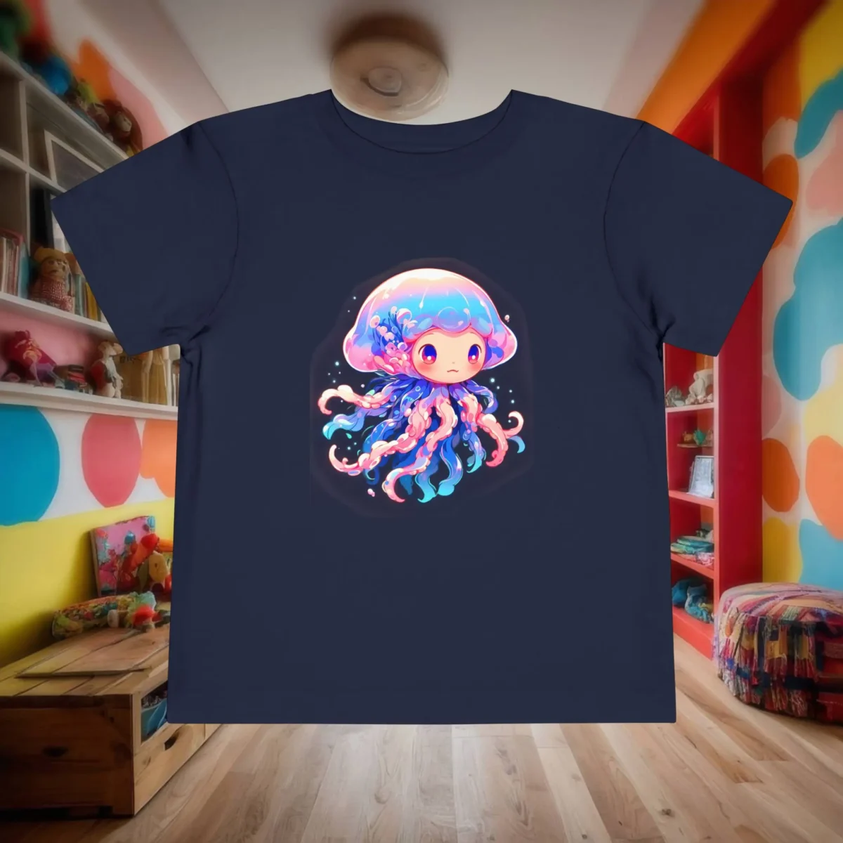 Flat lay of a navy blue toddler t-shirt with a vibrant jellyfish cartoon design, set in a colorful children’s room.
