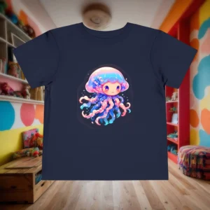Flat lay of a navy blue toddler t-shirt with a vibrant jellyfish cartoon design, set in a colorful children’s room.