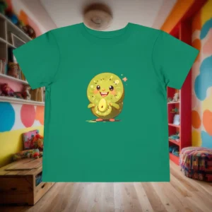 Flat lay of a green toddler t-shirt with a happy cartoon kiwi fruit character printed in the center.