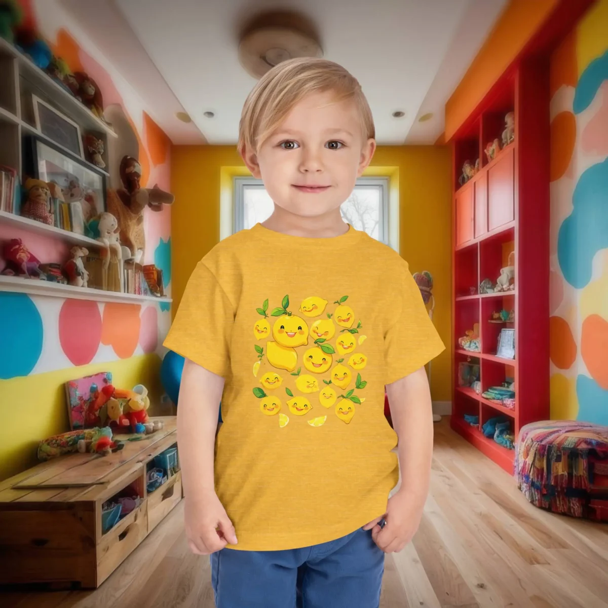 Toddler wearing a heather yellow t-shirt with smiling lemon characters in a playful children’s room.