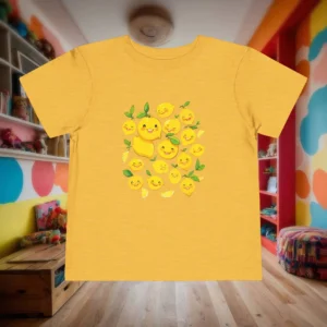 Flat lay of a heather yellow toddler t-shirt with smiling lemon character illustrations.