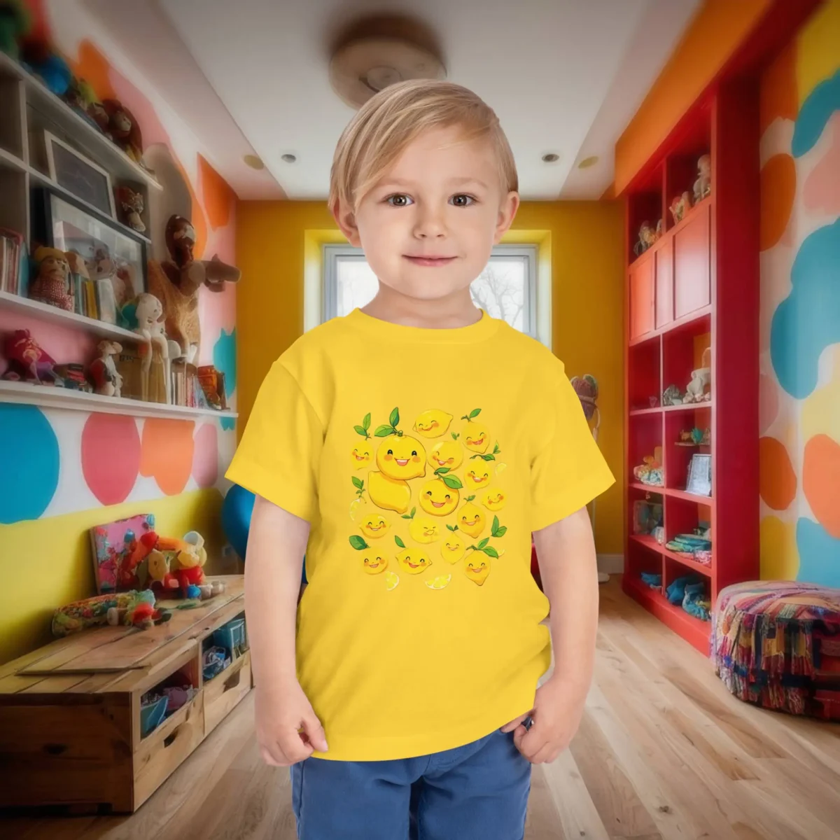 Toddler in a yellow t-shirt with a cute group of smiling lemon characters in a colorful kids' room.
