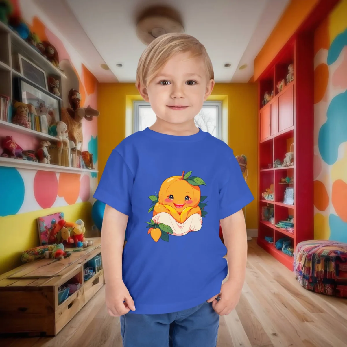 Toddler boy wearing a blue t-shirt with a smiling cartoon mango wrapped in leaves