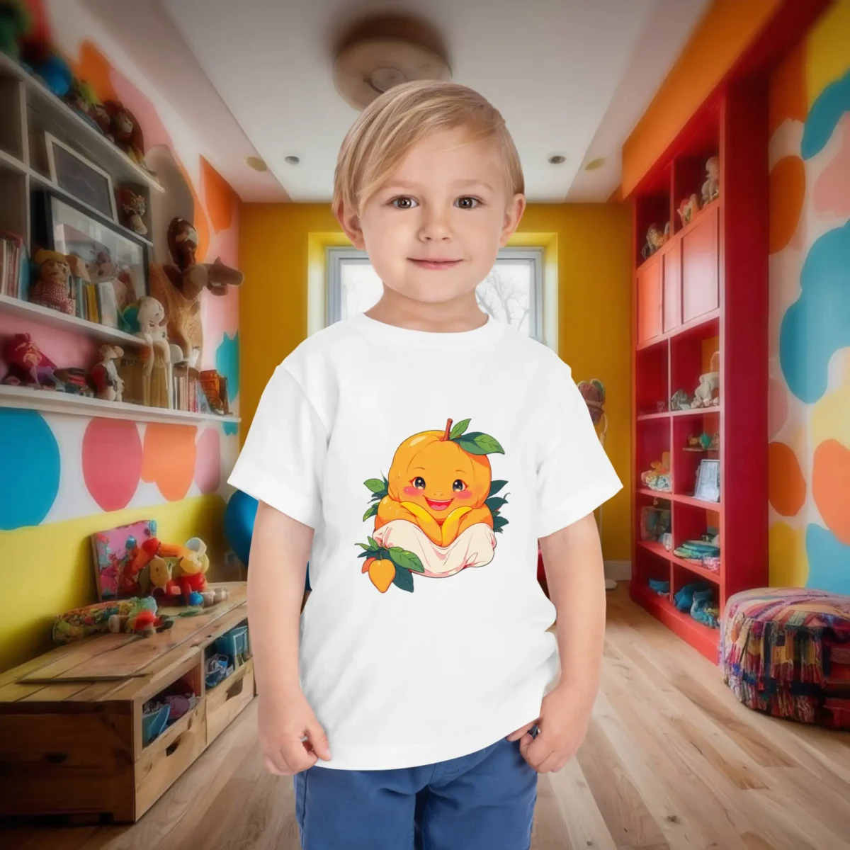 Toddler in a white t-shirt with a cute cartoon mango character wrapped in a cloth