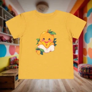 Flat lay of yellow toddler t-shirt with cute baby mango cartoon design