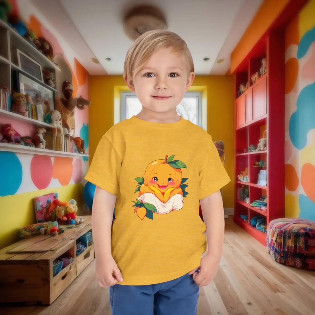 Toddler in a yellow heather t-shirt with a cartoon mango baby surrounded by leaves