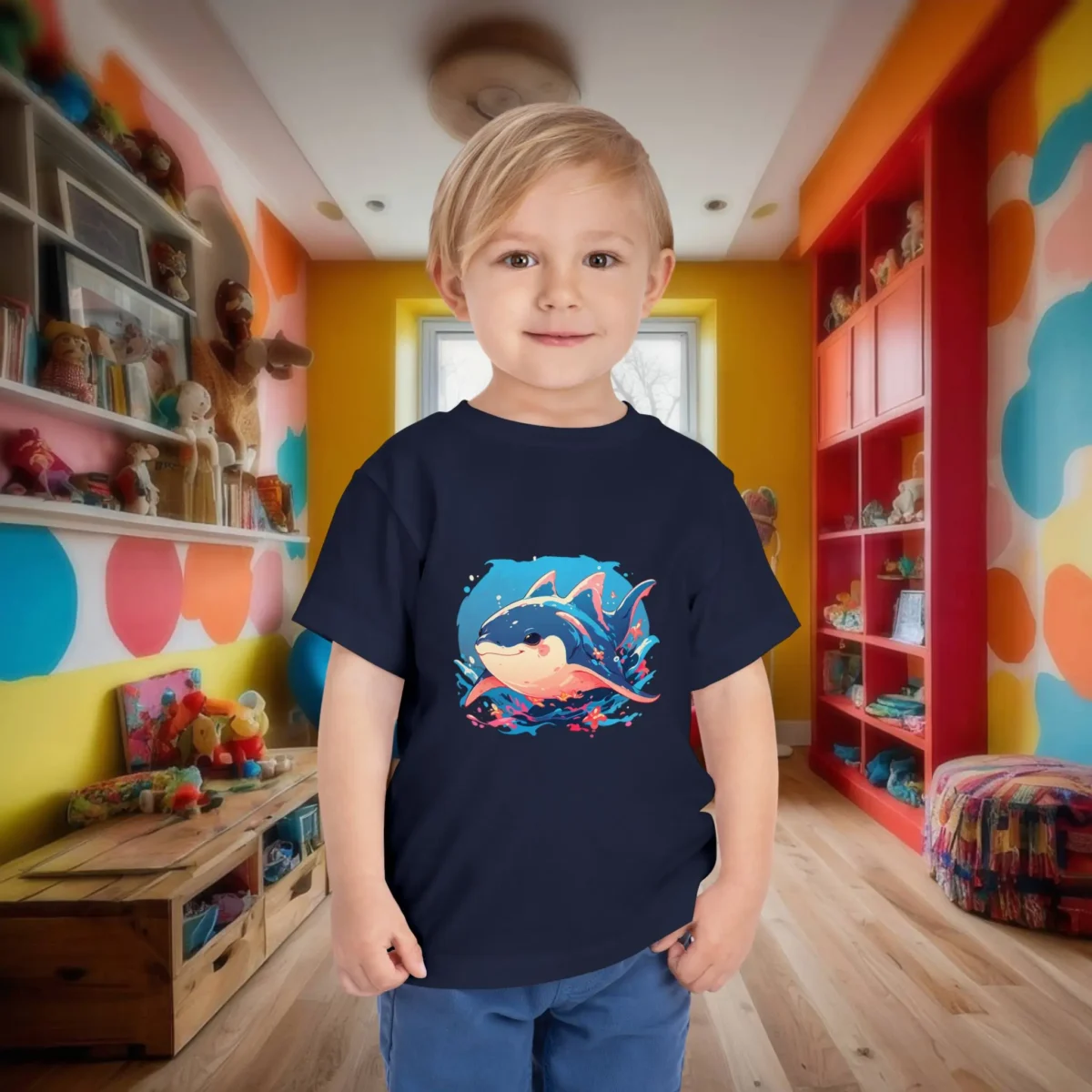 Toddler in a navy t-shirt with a fun manta ray cartoon jumping out of water in a colorful playroom.