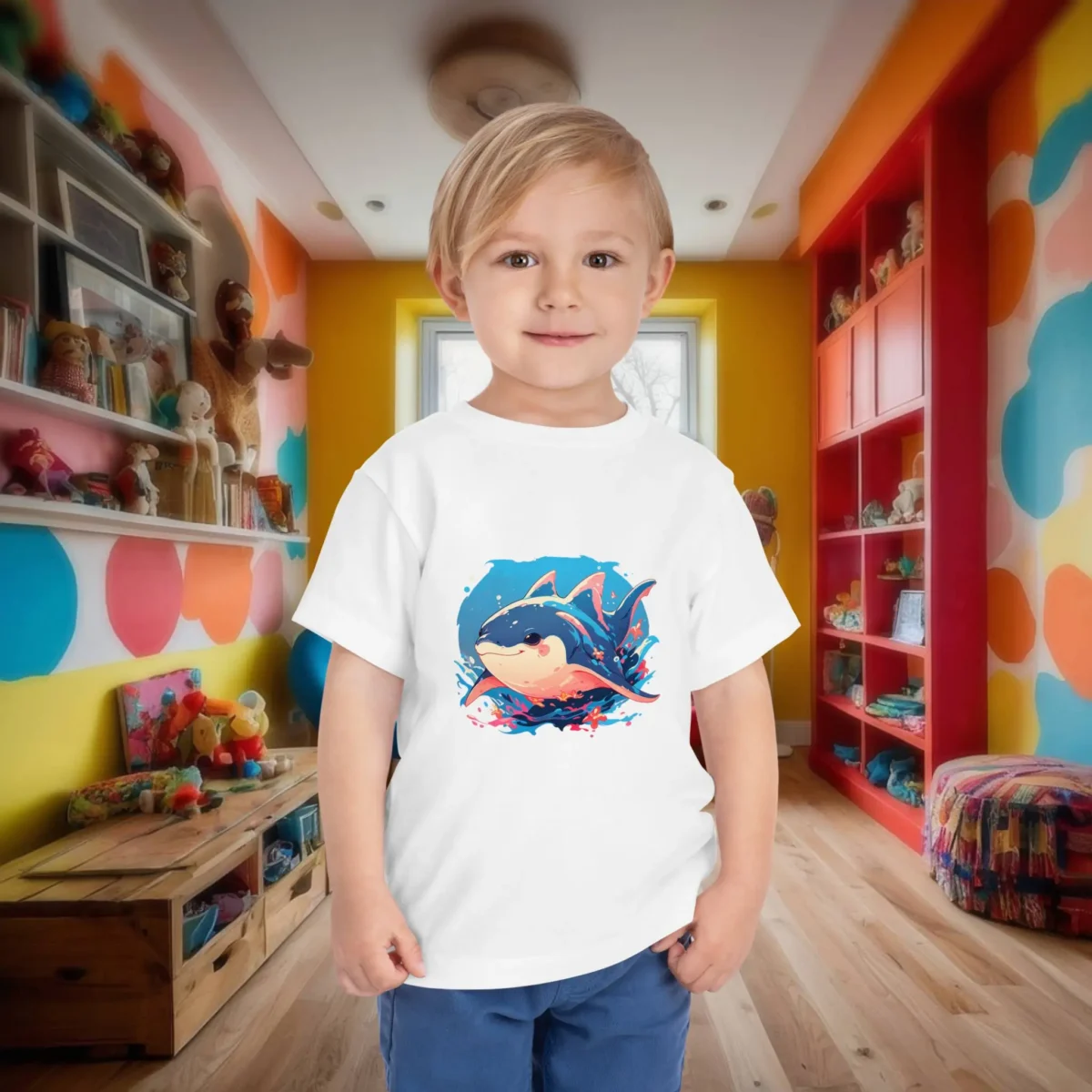 Toddler in a white t-shirt featuring a colorful cartoon manta ray splashing in the ocean.