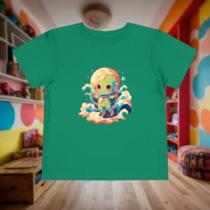 Flat lay of green toddler t-shirt featuring a cute Martian character surfing on colorful waves.