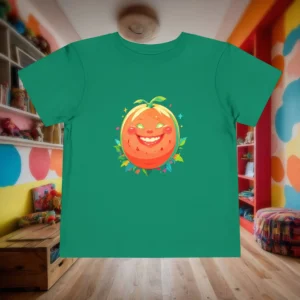 Flat lay of a green toddler t-shirt featuring a funny cartoon melon face with a big smile.
