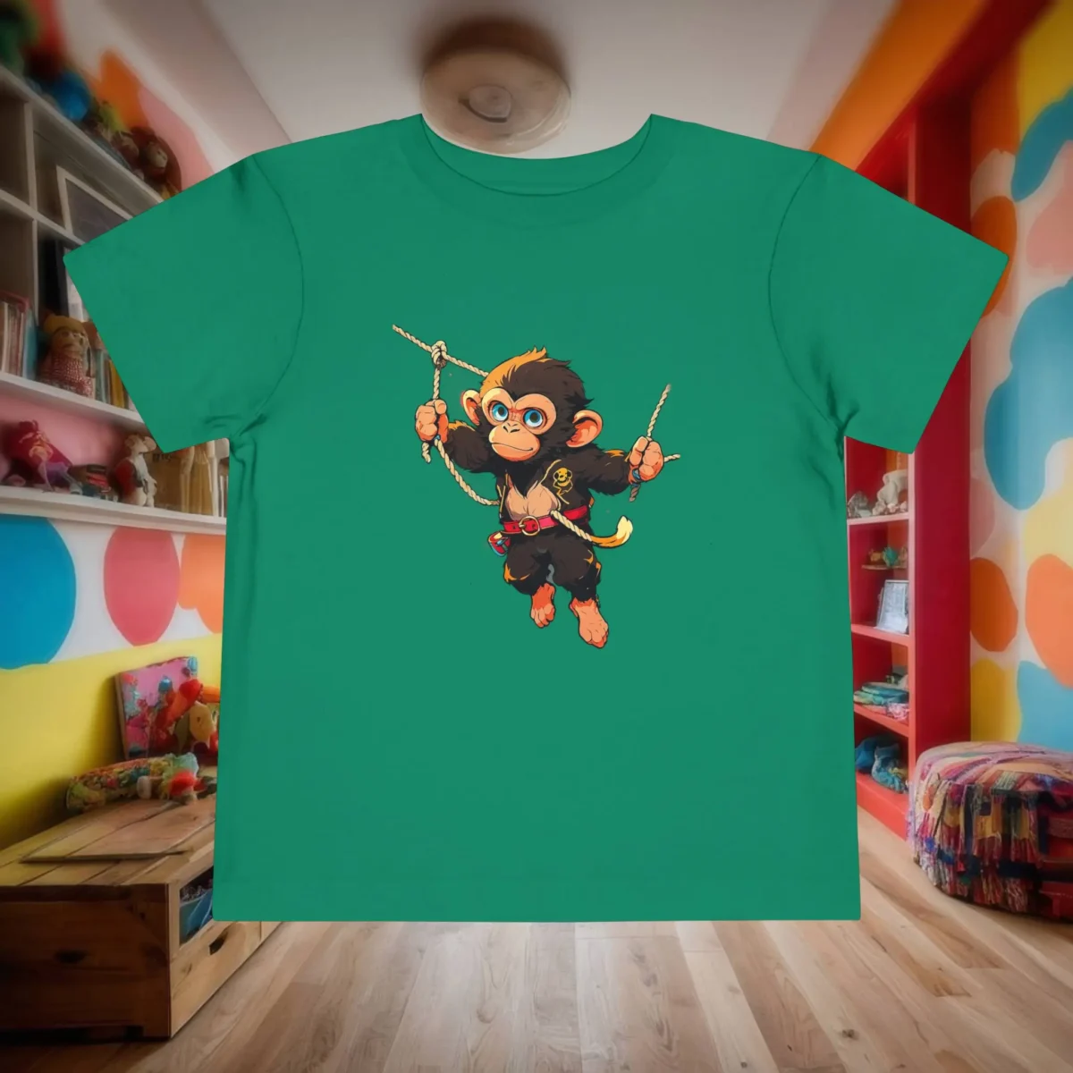 Flat lay of a green toddler t-shirt with a swinging cartoon monkey graphic.