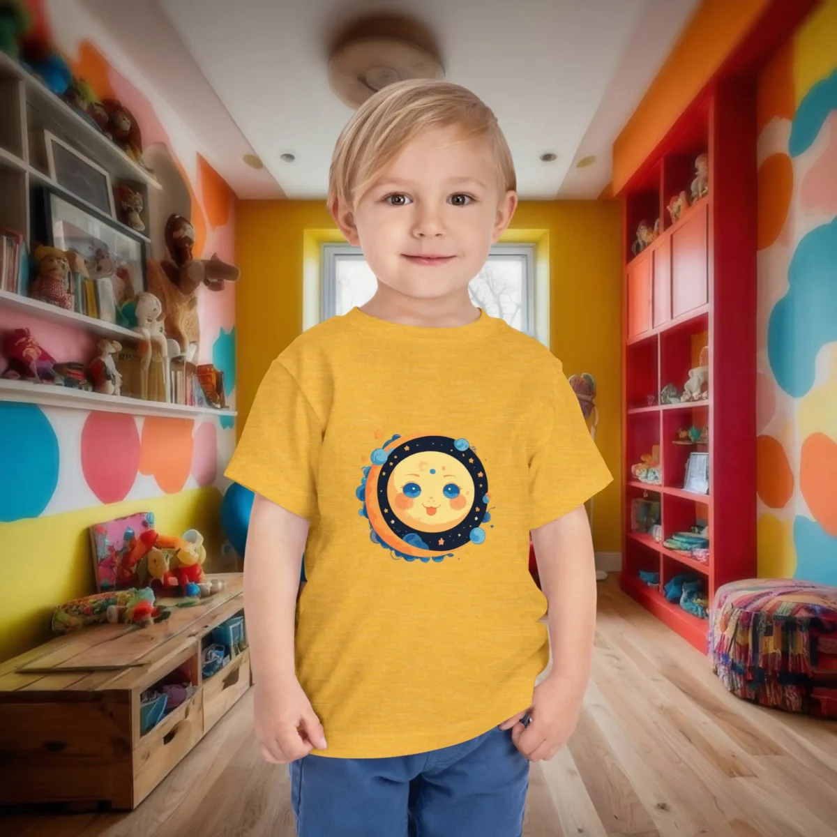 Toddler in a heather yellow t-shirt with a smiling cartoon moon surrounded by stars and planets.