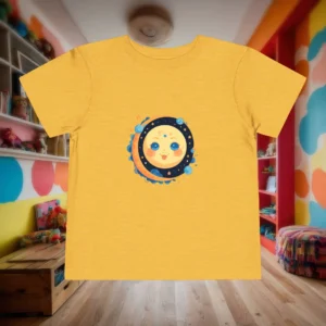 Flat lay of a heather yellow toddler t-shirt with a cute smiling moon surrounded by planets and stars.