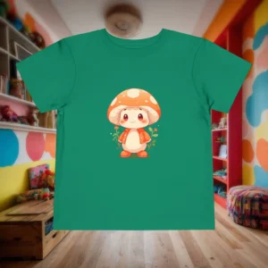 Flat lay of a green toddler t-shirt with a cute cartoon mushroom print