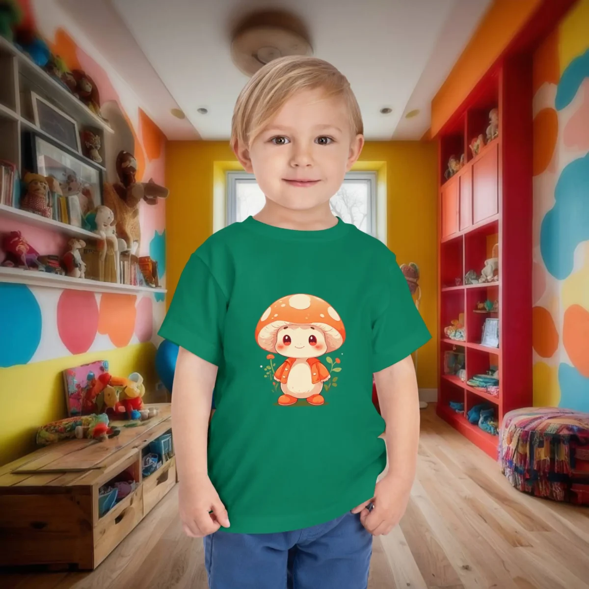 Smiling toddler in a green t-shirt with a cute cartoon mushroom illustration