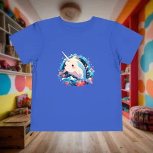 Flat view of a royal blue toddler t-shirt with a cute narwhal and ocean waves print