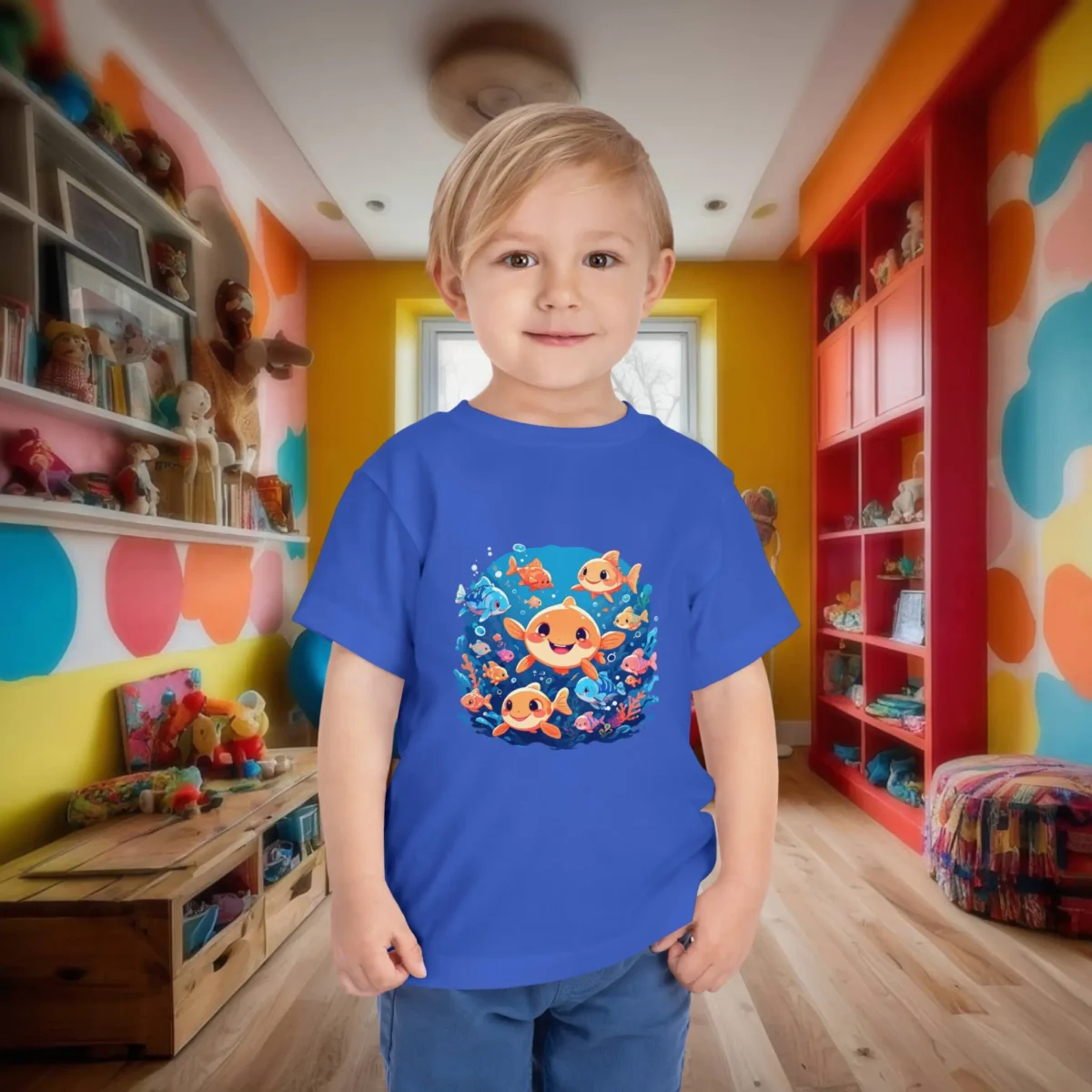 Toddler in royal blue t-shirt with a joyful fish and ocean-themed cartoon design