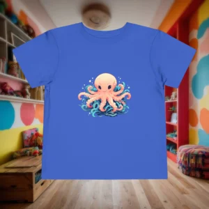 Flat lay of a royal blue toddler t-shirt featuring a cute cartoon octopus surrounded by waves