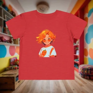Red toddler t-shirt with a vibrant illustration of a smiling child with orange hair and an orange fruit on their shirt.