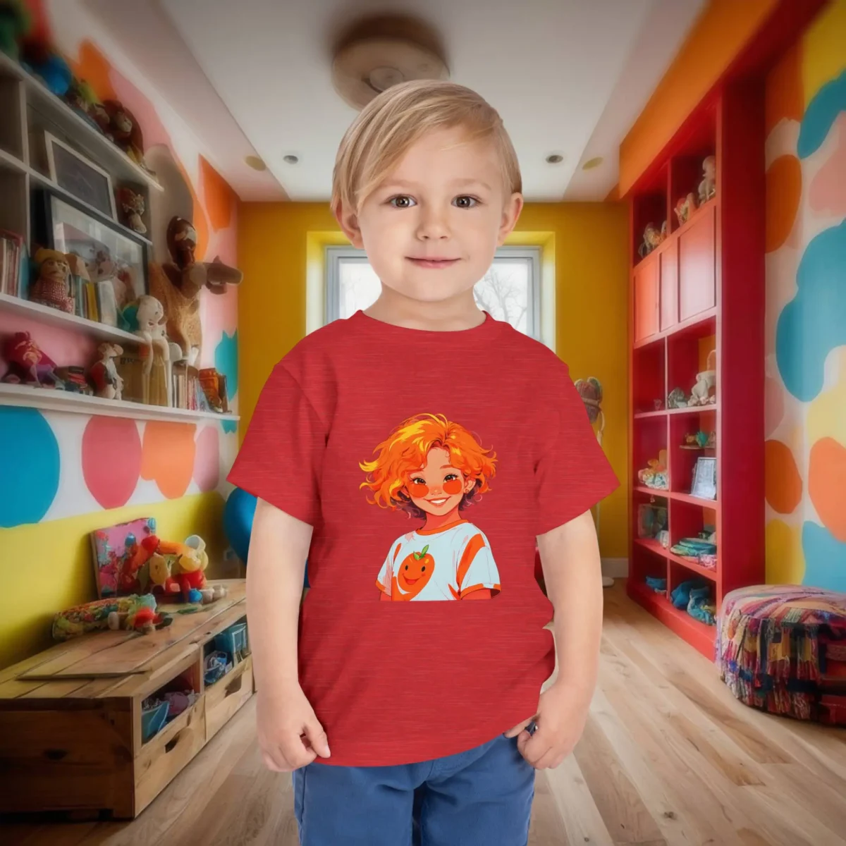 Toddler wearing a red t-shirt with a colorful illustration of a child and an orange fruit graphic on their shirt.