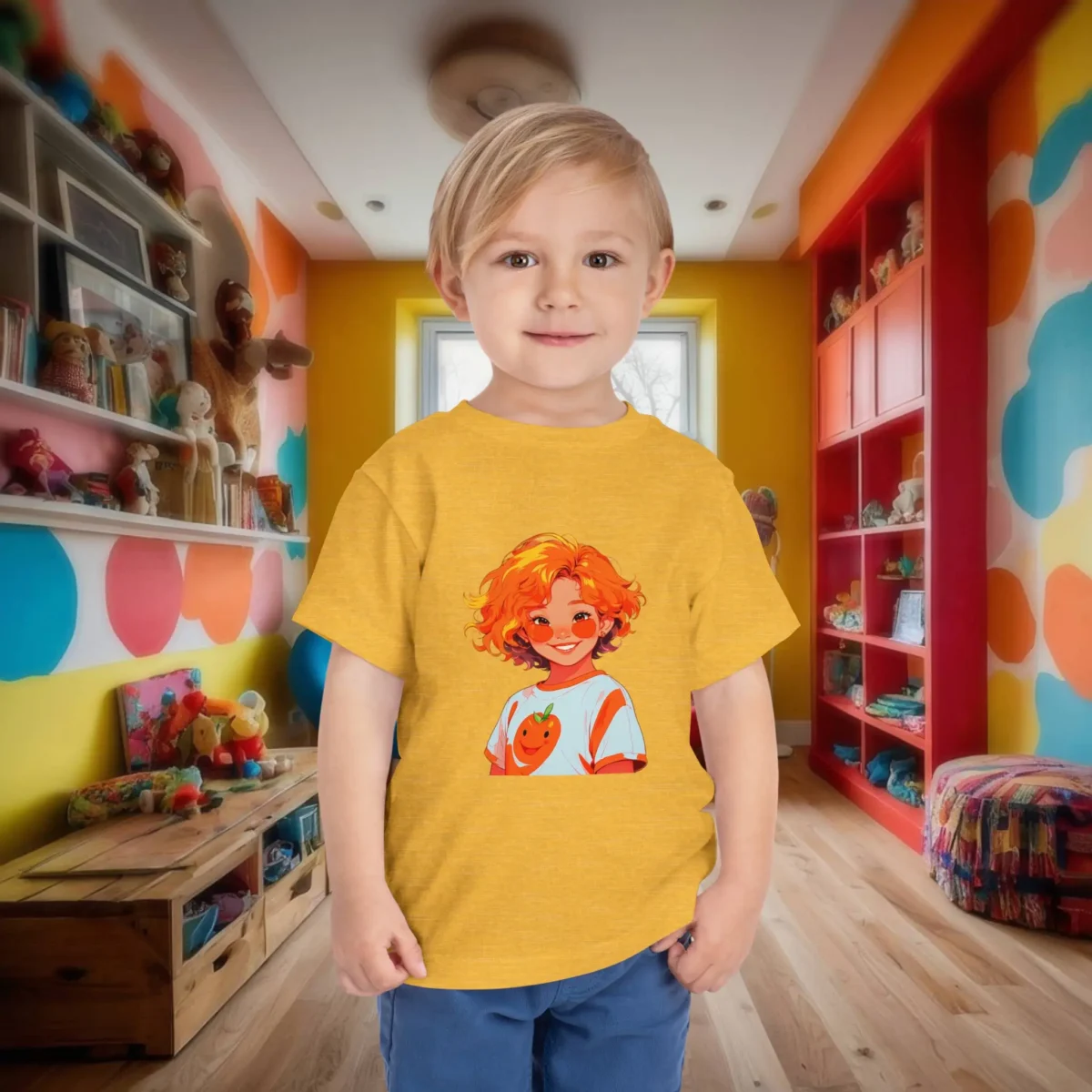 Toddler wearing a yellow t-shirt with a cartoon child and orange fruit illustration on their shirt.
