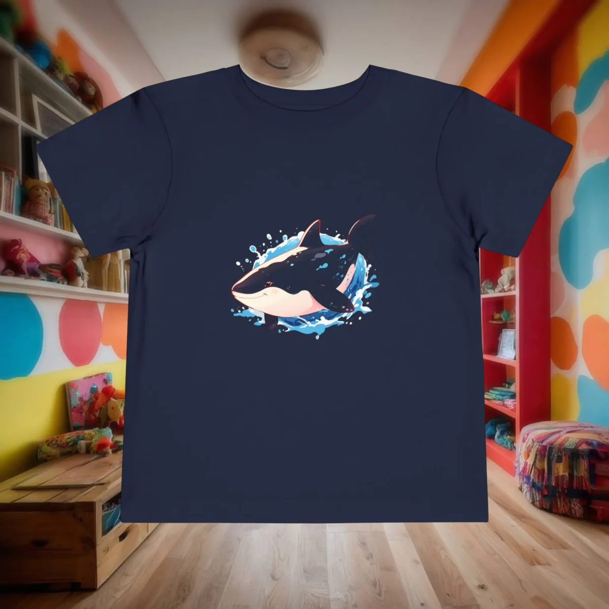 Flat lay of navy toddler t-shirt with an orca whale cartoon and water splash